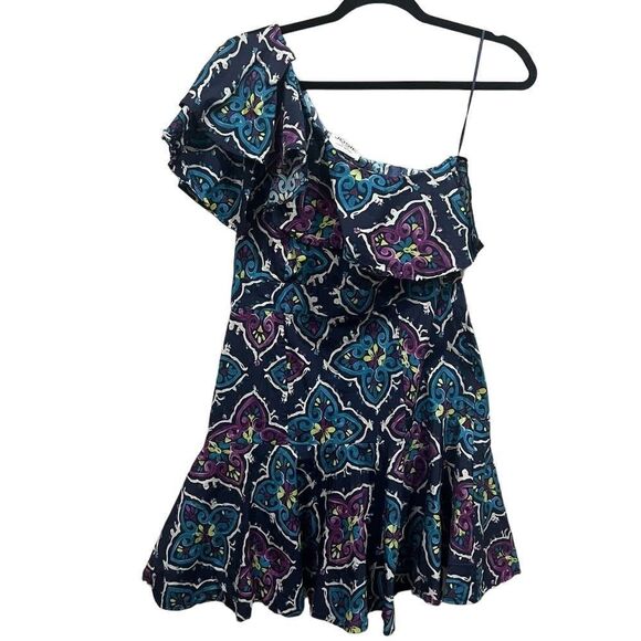 Josie Natori Festive Blue Floral Printed One shoulder ruffle dress Size 6 - Picture 6 of 14